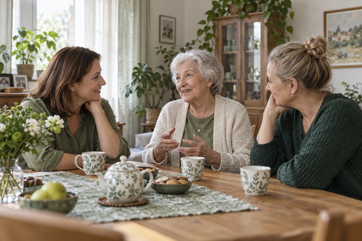 Seniorka, jej bliska osoba i opiekunka rozmawiają przy herbacie